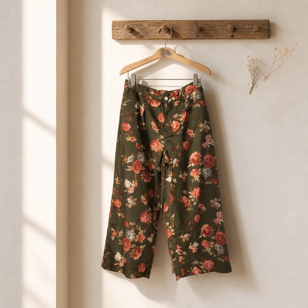 Loveimgs Floral Wide Leg Pants Olive Green Rose Print Cotton Blend Large NWT